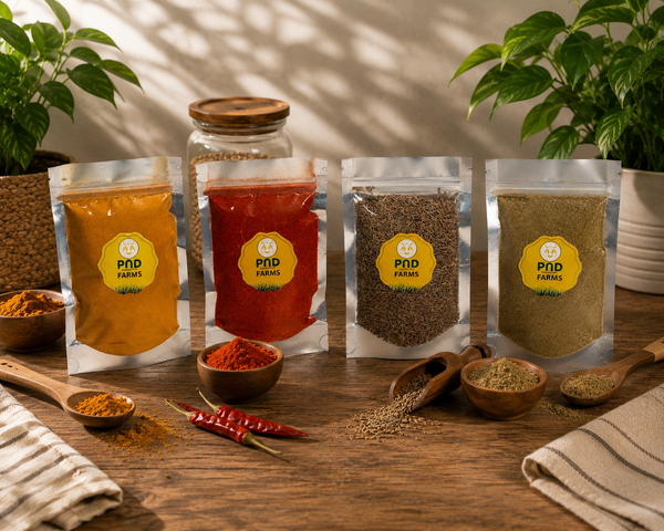 PND Farms Spice Combo | Red Chilli Masala, Turmeric Powder, Coriander Powder & Cumin Seeds
