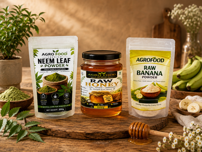 AgroFoods Raw Honey, Raw Banana Powder & Neem Leaf Powder | Combo Pack | 550g (250g + 200g + 100g)