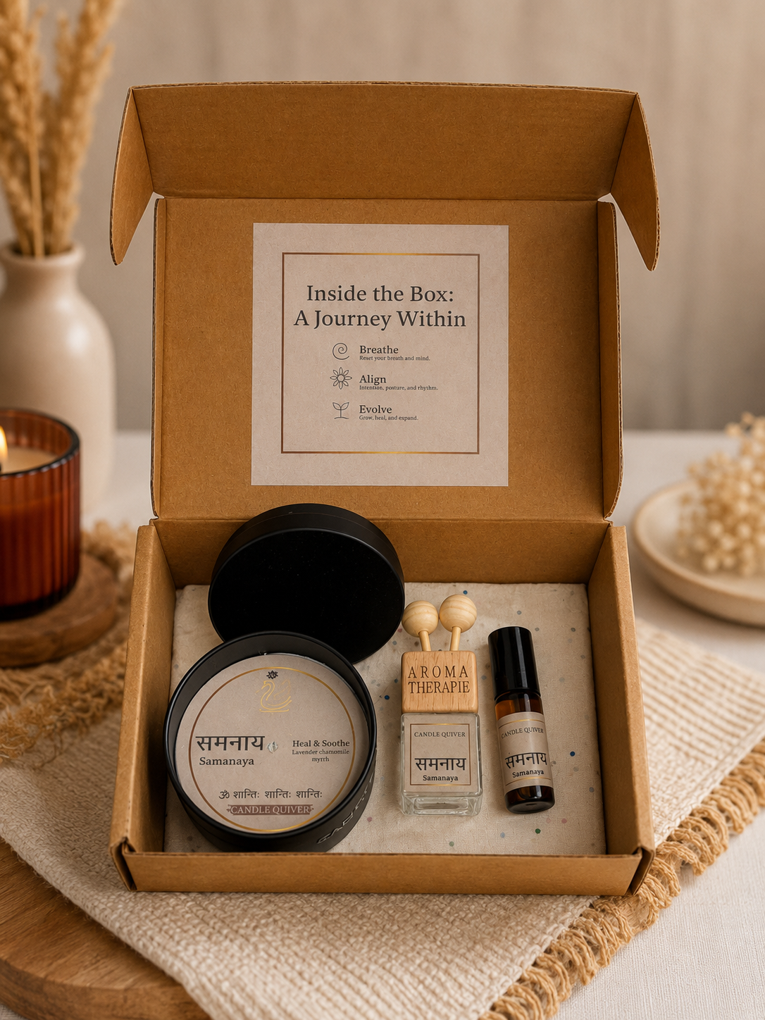 aromatherapy gift hamper
aromatherapy candle gift set
aromatherapy gift set
fragrance gift set
aromatherapy hamper
relaxation kit for gifting
aromatherapy gift box
sustainable gifting products
aromatherapy kit
Candle Quiver gift hamper
aromatherapy products gift set
aromatherapy candle gift set