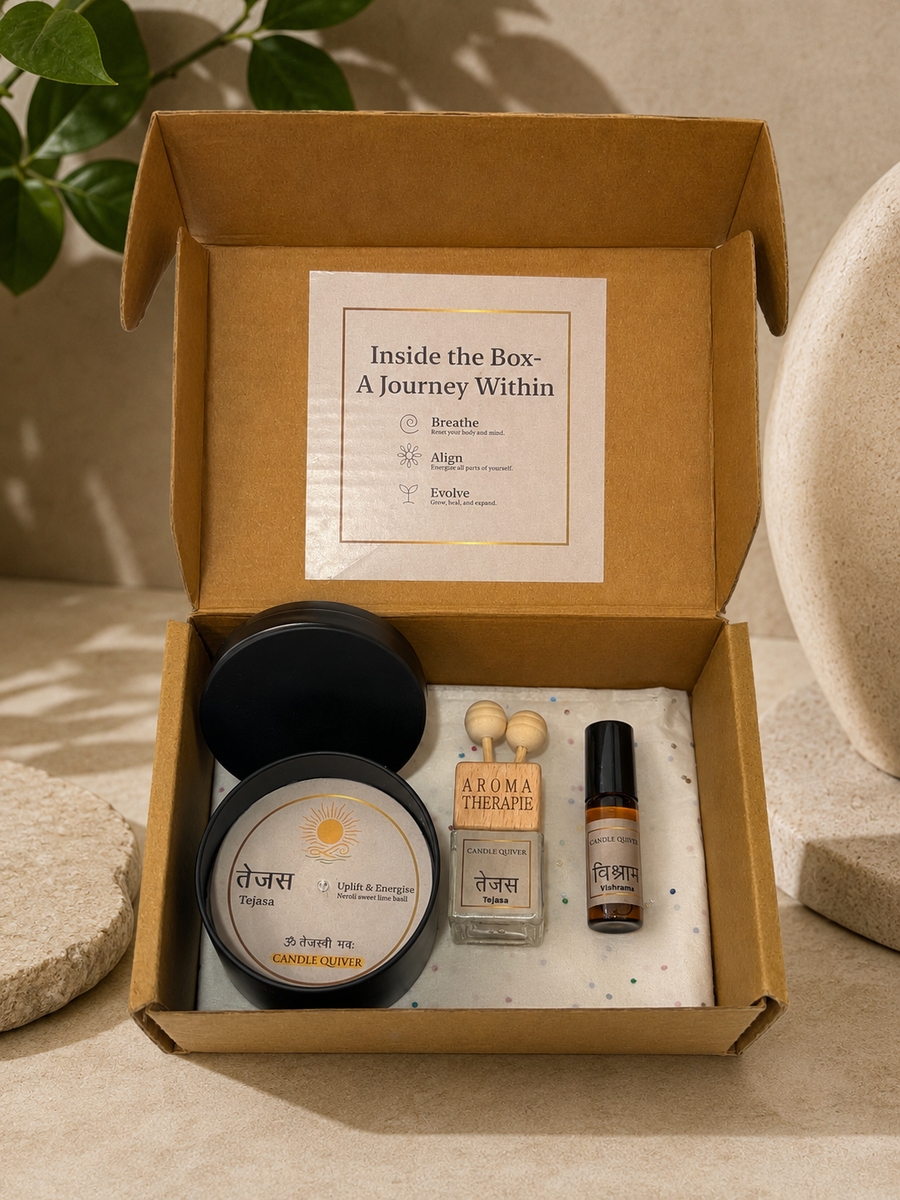 aromatherapy gift hamper
aromatherapy candle gift set
aromatherapy gift set
fragrance gift set
aromatherapy hamper
relaxation kit for gifting
aromatherapy gift box
sustainable gifting products
aromatherapy kit
Candle Quiver gift hamper
aromatherapy products gift set
aromatherapy candle gift set